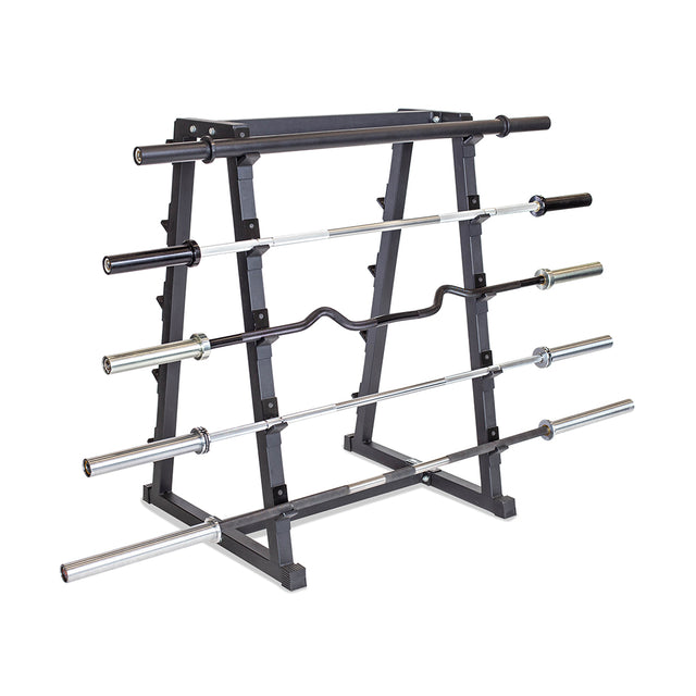 The Bells of Steel Fixed Barbell Rack securely stores six types of weightlifting bars—including straight and curved barbells—offering organized barbell storage against a white background.