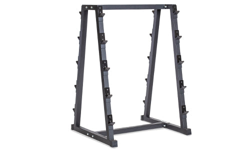 The Bells of Steel Fixed Barbell Rack is a black metal stand with a triangular design and multiple angled pegs for efficient barbell storage, shown here on a white background.