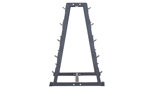 The Bells of Steel Fixed Barbell Rack is an A-frame metal rack with multiple pegs for weight plates and an integrated Olympic barbell holder, shown empty against a white background.