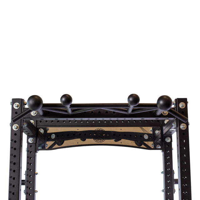 The Bells of Steel Globe Pull Up Bar, a black metal pull-up bar with four round grips for enhanced grip strength, is mounted on a steel power rack frame against a white background.