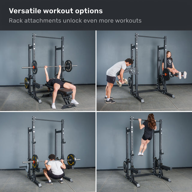 Four people use the Bells of Steel Manticore Half Rack - Prebuilt (3" x 3", 1" Holes) for bench press, barbell row, hanging leg raise, and pull-up exercises, showcasing its versatility and making it an ideal addition to any home gym.