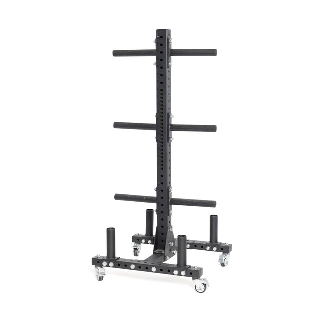 The Bells of Steel Hydra Bumper Plate Tree Builder is a black steel model with wheels, vertical center post, multiple horizontal arms for weights, and a modular base with extra stability pegs, all on a white background.