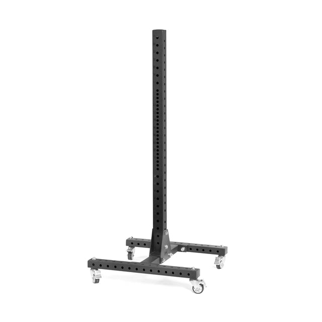 The Bells of Steel Hydra Bumper Plate Tree Builder is a black, adjustable vertical metal stand with various holes, mounted on a wheeled base. This modular storage unit offers versatility and mobility, perfect for gym settings when paired with Hydra rack attachments.
