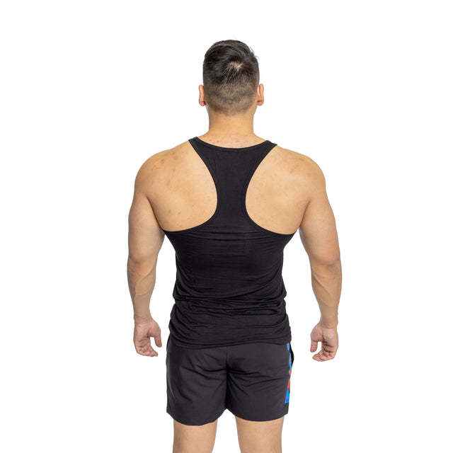 A man with short dark hair stands with his back to the camera, wearing a black Bells of Steel Bamboo Tank Top and black athletic shorts against a white background.