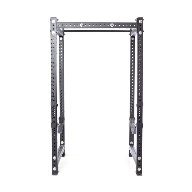 The Bells of Steel Hydra Four Post Power Rack - Prebuilt (3" x 3", ⅝" holes) is a black squat rack with adjustable attachments, ideal for weightlifting and home gym strength training, shown on a plain white background.