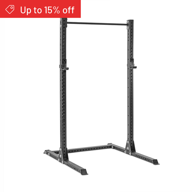 The Bells of Steel Hydra Squat Stand Builder (3" x 3", ⅝" Holes) with pull-up bar is shown on a white background. A red banner in the corner announces "Up to 15% off." Perfect for your home gym.