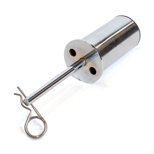 The Bells of Steel Weight Stack Pin is a metal cylindrical pin with a handle and locking clip, ideal for securing trailer hitches, heavy equipment parts, or as an attachment for cable machines in gyms.