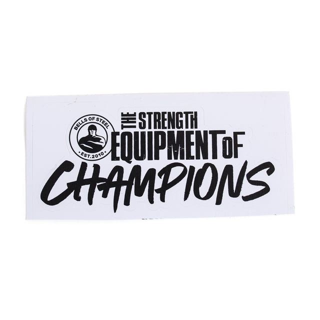 Showcase your strength with this durable white vinyl Bells of Steel sticker, featuring bold black "The Strength Equipment of Champions" text and a circular "Bells of Steel EST. 2010" logo with a kettlebell lifter.