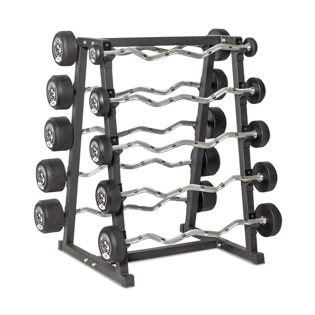 The Bells of Steel Fixed Barbells - Easy Curl, featuring black weights on each end, are organized on a sleek black metal rack with horizontal rows for convenient access in any gym or home gym.