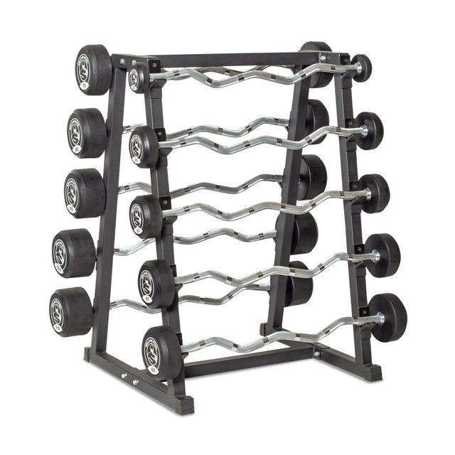 The Bells of Steel Fixed Barbells - Easy Curl, featuring black weights on each end, are organized on a sleek black metal rack with horizontal rows for convenient access in any gym or home gym.
