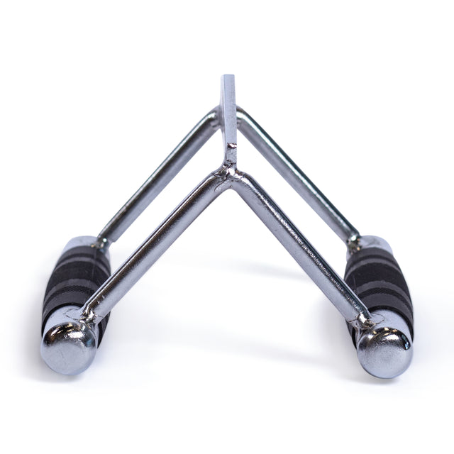 A close-up of the Bells of Steel Double D Handle Cable Attachment, featuring black padded handles, designed for strength training exercises in the gym.