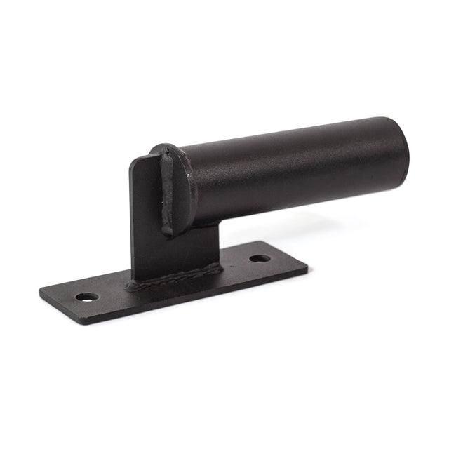 The Bells of Steel Vertical Mount Barbell Holder Rack Attachment is a black metal bracket with a cylindrical tube and flat base plate with two mounting holes, perfect for organized barbell storage on your power rack.