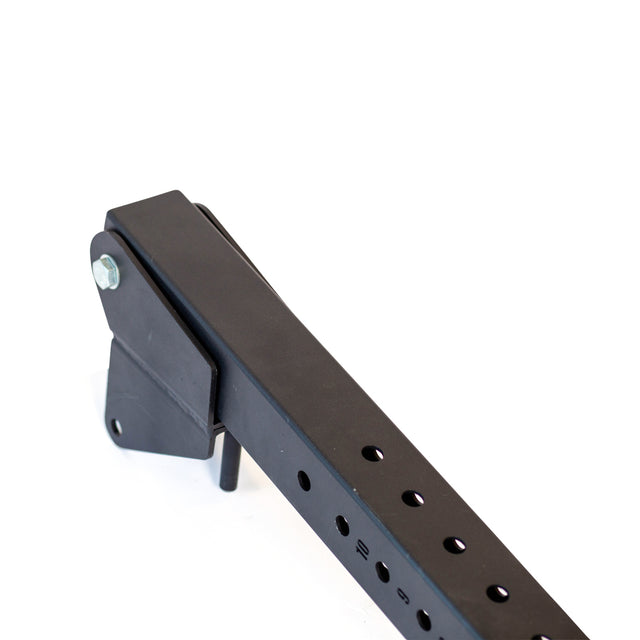 A close-up of a black metal Lever Arms Rack Attachment by Bells of Steel, featuring a hinge and multiple holes for height adjustment, isolated on a white background.