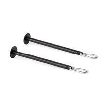 Two Bells of Steel Band Pegs with Carabiners, featuring round flat bases on one end and sturdy carabiner clips on the other, are displayed parallel to each other on a white background, ideal for use with resistance bands or a power rack.