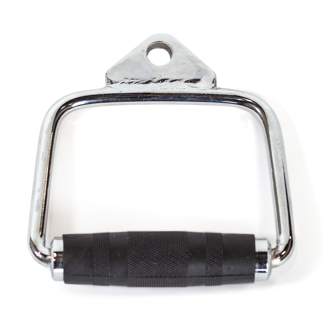 The Bells of Steel Single D Handle Cable Attachment features a triangular metal design with black rubberized grips, ideal for gym or fitness equipment use.