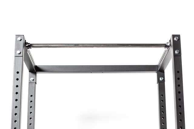 A close-up of the Bells of Steel Residential Power Rack (2.3" x 2.3", ⅝" holes) shows its pull-up bar, j-cups, and multiple adjustable holes—perfect for any home gym setup, set against a plain white background.