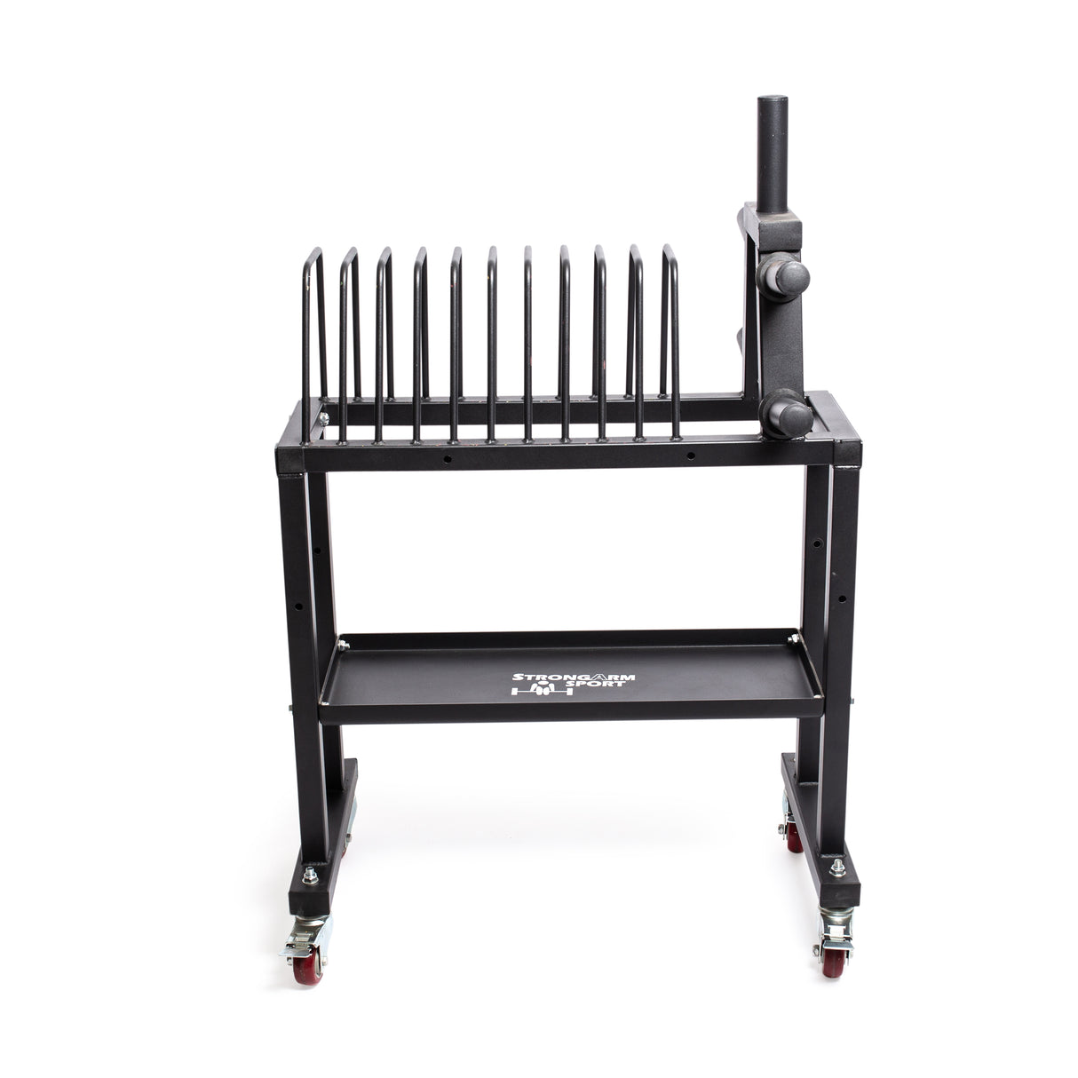 The Bells of Steel Competition Plate Rack is a black metal cart on wheels featuring vertical rods on top, similar to a rack for organizing gym equipment or weight plate storage. It includes a handle on one side and a shelf underneath, making it perfect for powerlifters. The cart is displayed against a white background.