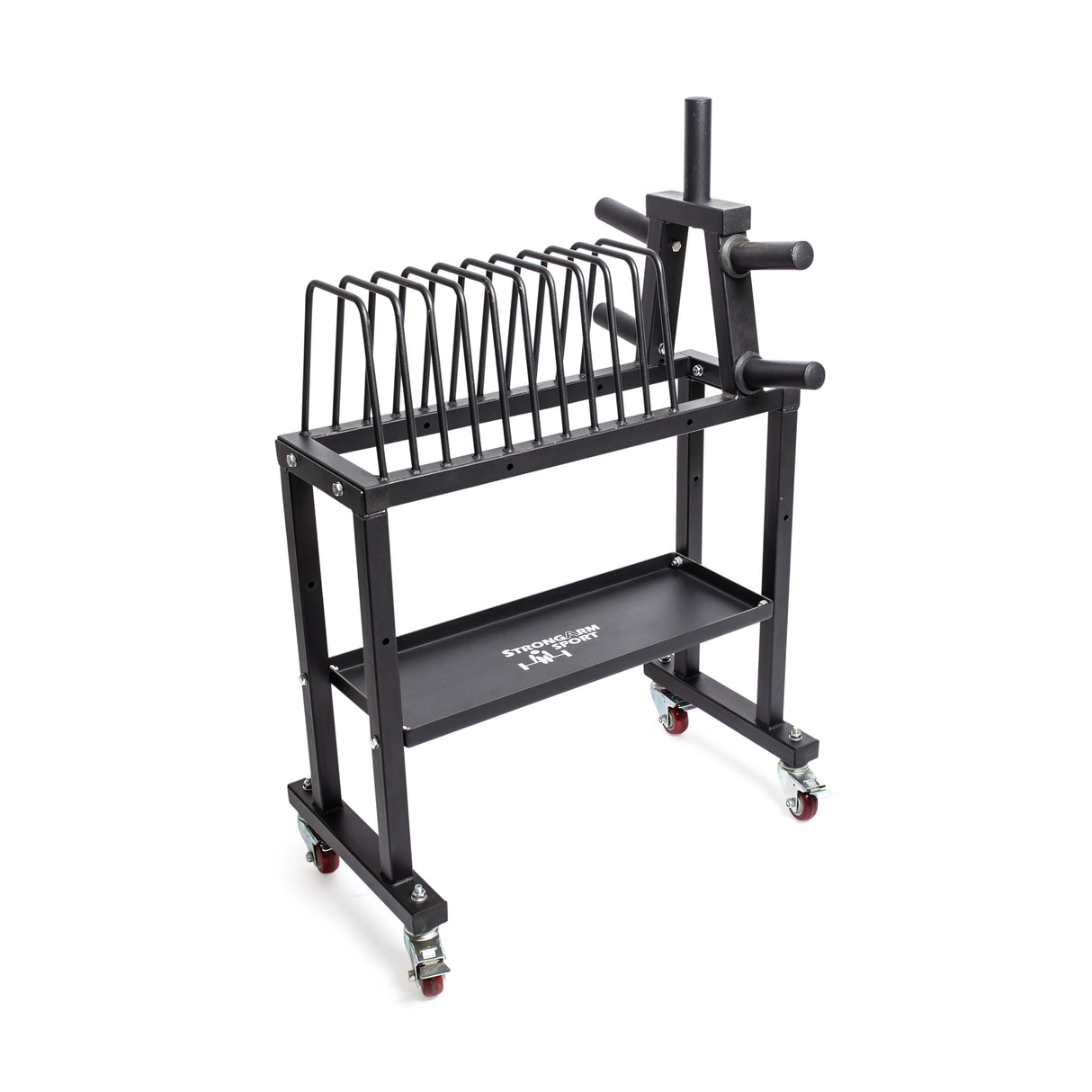 The Bells of Steel Competition Plate Rack is a black gym equipment storage rack on wheels, ideal for powerlifters. It is designed to hold weight plates and a barbell, featuring a metal frame with multiple slots for organizing equipment and a convenient tray at the bottom.