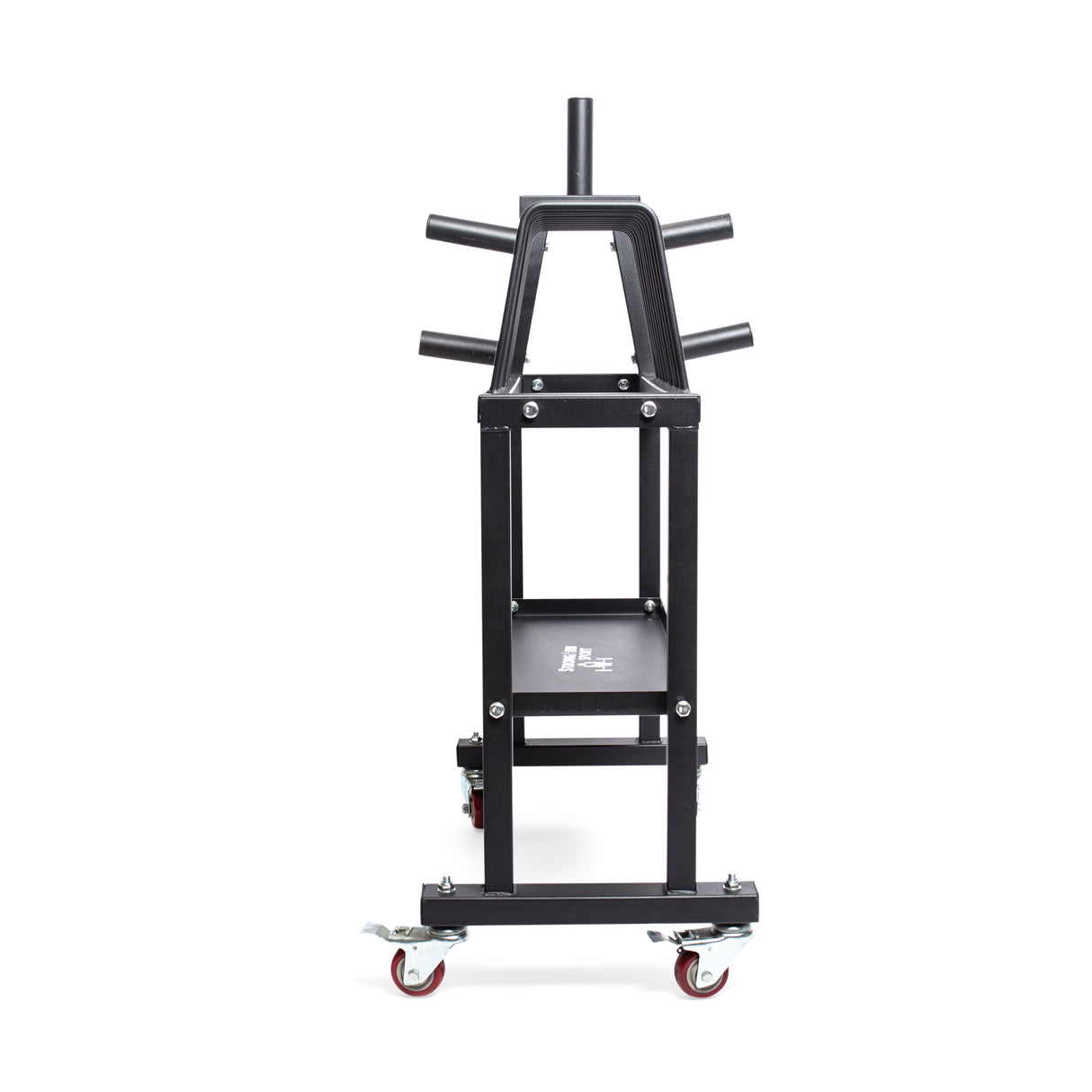 The Competition Plate Rack by Bells of Steel, constructed from black metal and evoking the design of gym equipment, has several protruding rods and wheels for storing and transporting a wind instrument. This upright structure is equipped with red caster wheels that resemble those preferred by powerlifters for moving weight plate storage units.