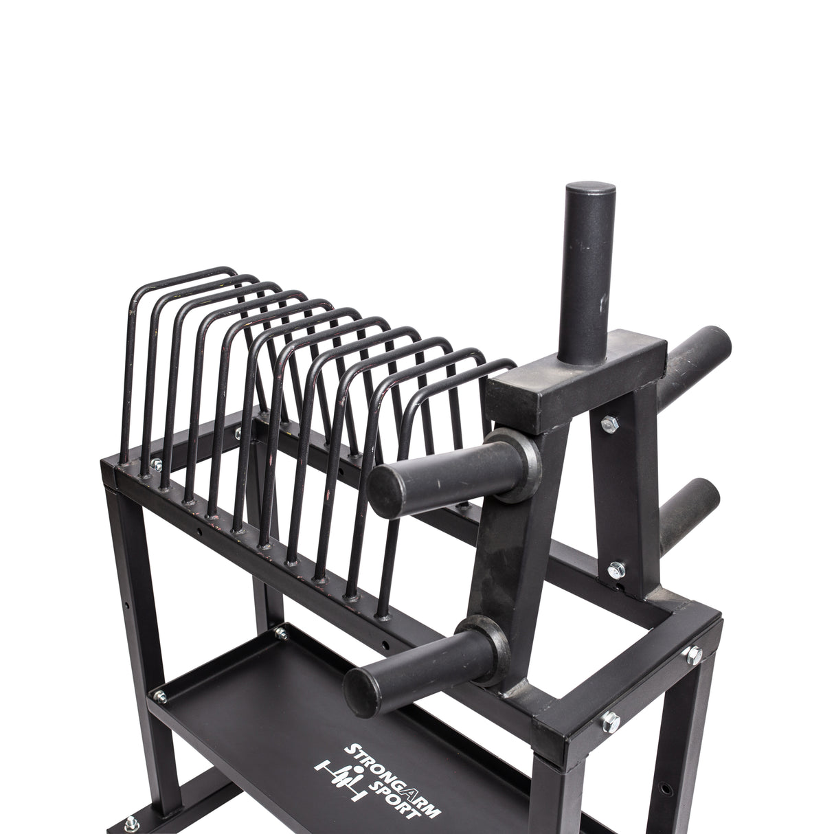 The Competition Plate Rack by Bells of Steel is a black storage solution featuring multiple slots for organizing weight plates and several pegs for holding barbells or other gym equipment. Perfect for powerlifters, this sturdy metal structure is designed to efficiently keep fitness gear organized.
