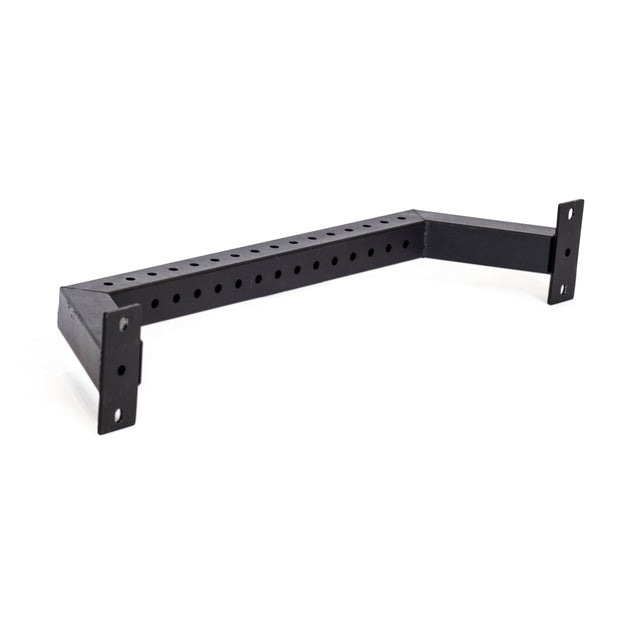 The Bells of Steel Rear Base Stabilizer is a black metal bracket with multiple round holes on the center bar, flat mounting plates with screw holes at each end, designed for 3x3 power rack compatibility, shown against a white background.