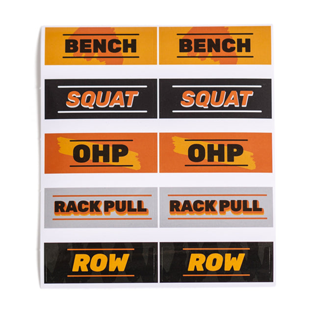 Bells of Steel Stickers: Durable, die-cut vinyl stickers with bold exercise names—BENCH, SQUAT, OHP, RACK PULL, and ROW—twice each on vibrant orange, yellow, and black backgrounds. Add eye-catching style to your fitness gear!.