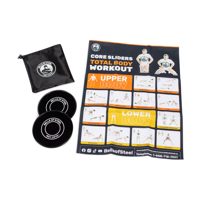 The Bells of Steel Core Sliders set includes two black round sliders, a black drawstring pouch, and a workout poster with images and instructions for a full-body workout.