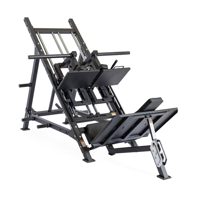 The Bells of Steel 2-in-1 Iso Leg Press & Hack Squat Machine "The Juggernaut" is a black, commercial gym machine with metal foot platforms and padded shoulder supports, shown empty against a white background.