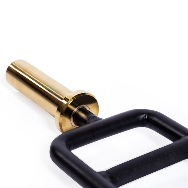 Close-up of the Bells of Steel Tricep Bar, featuring golden ergonomic handles attached to a black rectangular frame, isolated on a white background.