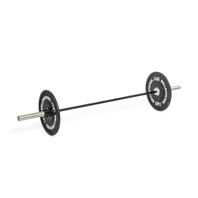 The Bells of Steel Juno Bar - Women’s Utility Bar, a 25mm black barbell with black plates featuring white text and numbers, is displayed on a white background.