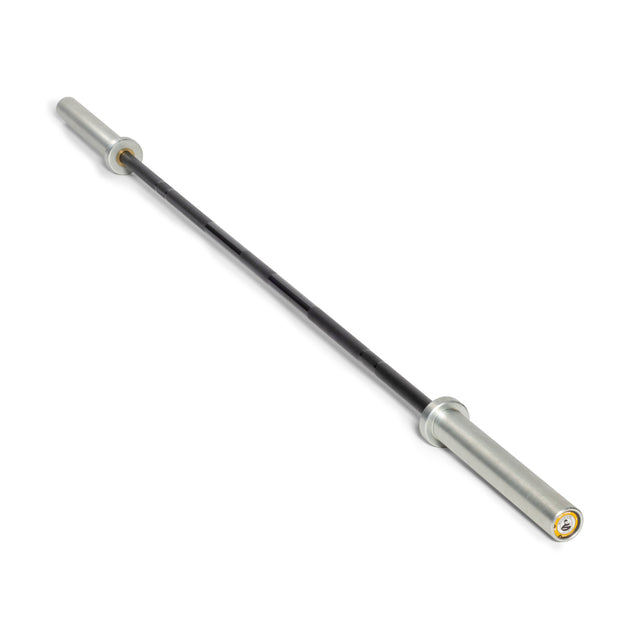 The Bells of Steel Juno Bar - Women’s Utility Bar features a 25mm black shaft with silver sleeves, designed for small hands and shown diagonally on a white background.