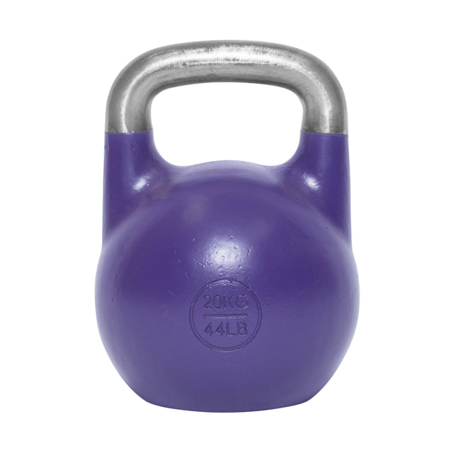A Bells of Steel Competition Kettlebell in vibrant purple, featuring an ergonomic design and a silver handle, weighs 20 kilograms (44 pounds) and stands out against a plain white background.
