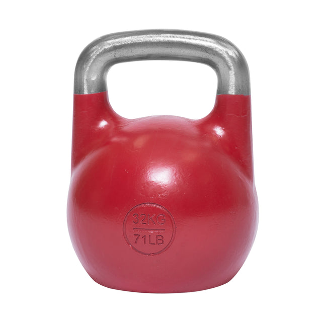 A bright red ProGrade kettlebell with a sleek silver handle, labeled "32KG" and "71LB," stands against a white backdrop. It's perfect for Bells of Steel's Wildman Turkish Get Up Kettlebell Bundle program.