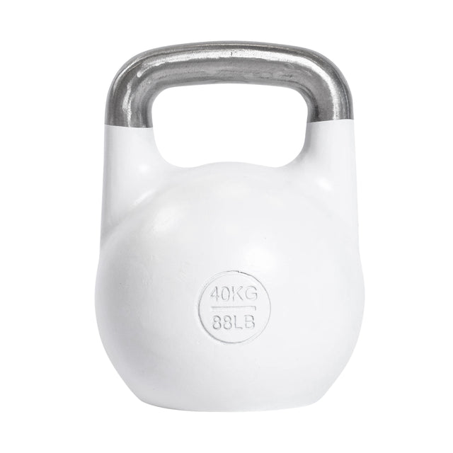 The Bells of Steel Competition Kettlebells features a white, ergonomic design with a metallic handle and displays "40KG" and "88LB" on the front.