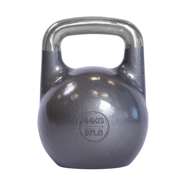 The Bells of Steel Competition Kettlebell, in gray with an ergonomic design and metallic handle, displays "44 KG" and "97 LB" on the front and is set against a white background.