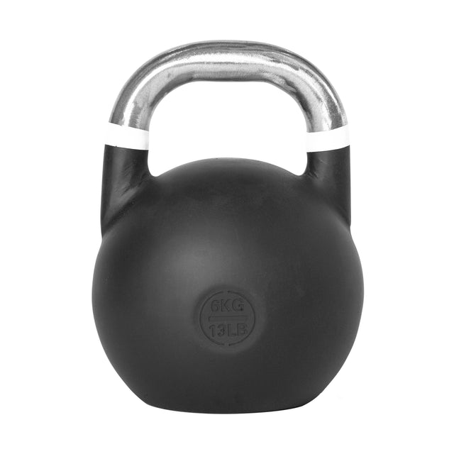 The Bells of Steel Competition Kettlebell is black with a silver ergonomic handle. "6KG 13LB" is embossed on the front, displaying weight in kg and lb. The background is plain white.