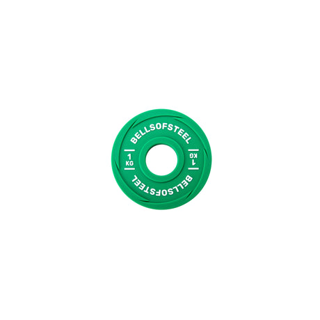 A 1 kg green Urethane-Coated Change Plate by Bells of Steel, viewed from above on a white background, features white branding and is built for durability in intense training sessions.