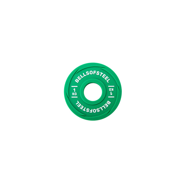 A 1 kg green Urethane-Coated Change Plate by Bells of Steel, viewed from above on a white background, features white branding and is built for durability in intense training sessions.