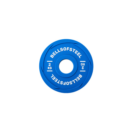A blue Bells of Steel Urethane-Coated Change Plate with "BELLSOFSTEEL" and "2 KG" in white around the center hole is shown on a white background—durable and ideal for any training plate collection.