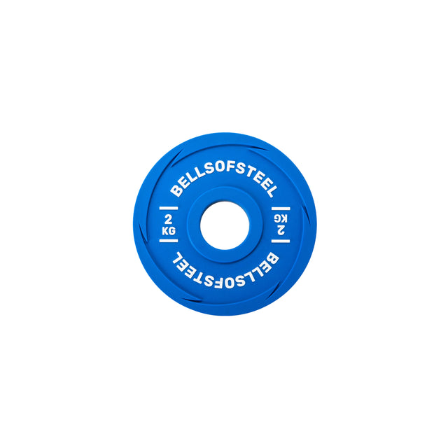 A blue Bells of Steel Urethane-Coated Change Plate with "BELLSOFSTEEL" and "2 KG" in white around the center hole is shown on a white background—durable and ideal for any training plate collection.