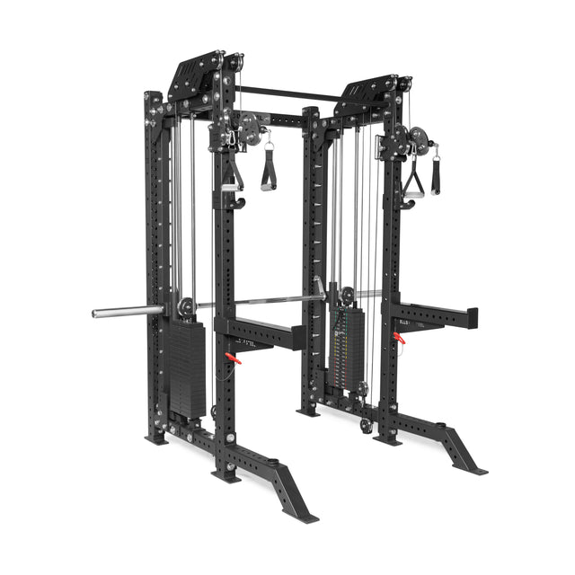 The KOLOSSOS - Smith Functional Trainer by Bells of Steel is a black home gym machine with adjustable pulleys, weight stack, pull-up bars, Smith Machine features, and attachments—shown on a plain white background.