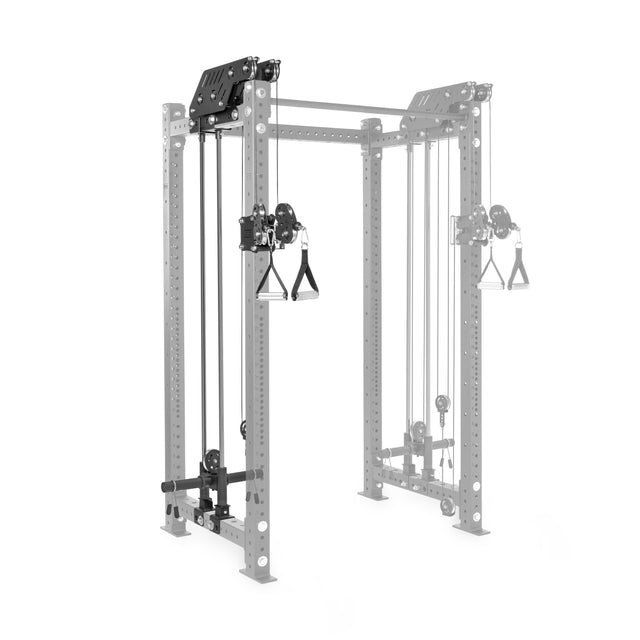 The Bells of Steel Kraken Rack Attachment for 4 Post Hydra & Manticore Racks (Single Side) features a sturdy metal frame with dual handles, adjustable settings, and visible cables. Its metallic gray structure supports various exercises, making it an essential part of any advanced cable system.