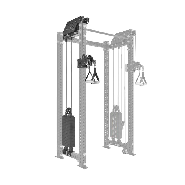 The Bells of Steel Kraken Rack Attachment for 4 Post Hydra & Manticore Racks offers a dual-handle adjustable cable system with visible pulleys and cables, ideal for versatile strength training adjustments.