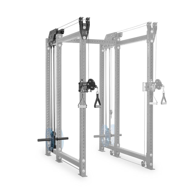 The Bells of Steel Kraken Rack Attachment for 6 Post Hydra Racks single side offers a sturdy, compact cable system made from durable metal, featuring adjustable trolleys with handles and a T-bar row attachment for versatile workout options.