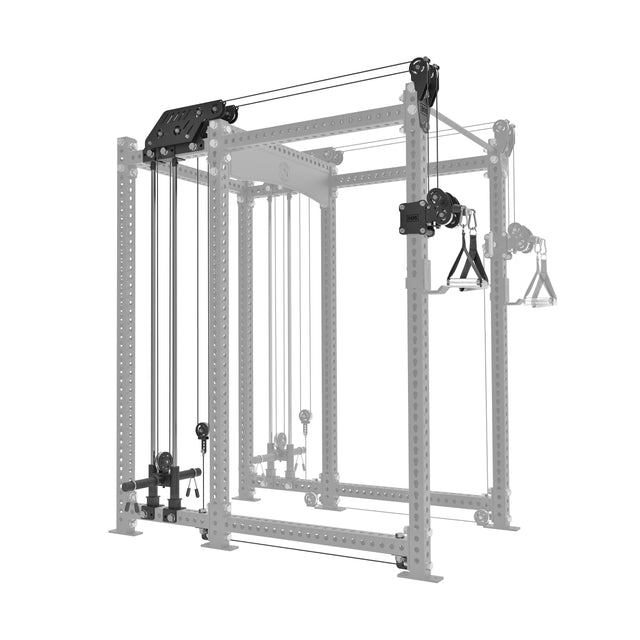 A 3D rendering of the Kraken Rack Attachment for 6 Post Manticore Racks (Single Side) by Bells of Steel, showcasing a dual-handle cable tower with a sturdy metal frame, adjustable trolleys, and multiple pulleys for strength training against a white background.