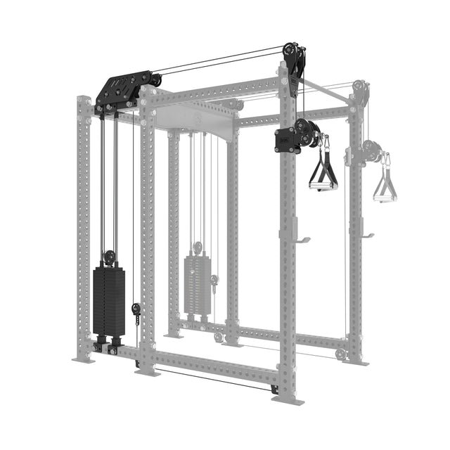 The Kraken Rack Attachment for 6 Post Manticore Racks (Single Side) by Bells of Steel boasts dual handles and adjustable trolleys with gray beams, featuring multiple pulleys and weight stacks. Its sleek, compact design delivers a versatile strength training solution.