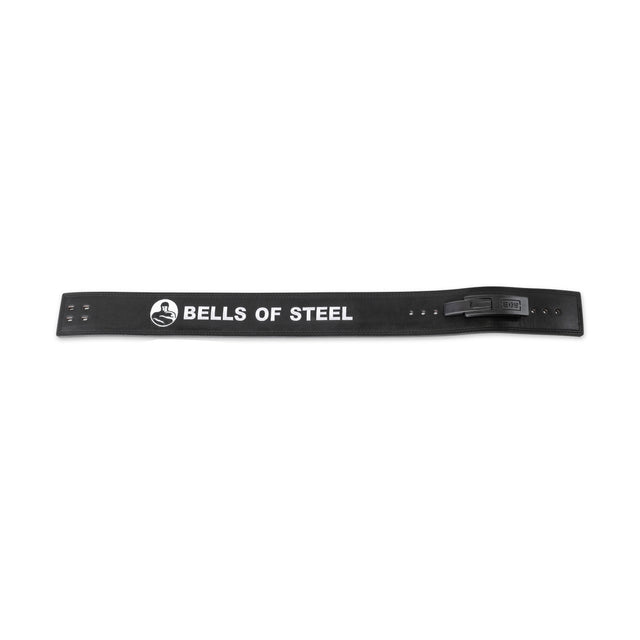 The Bells of Steel Lever Belt is a black powerlifting belt with a secure buckle, featuring "BELLS OF STEEL" text and a white logoâperfect for reliable support during heavy lifts.