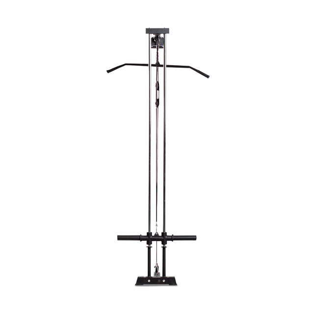 The Bells of Steel Rack Lat Pulldown / Row Attachment is a sleek black and silver machine for cable-based exercises, with top pulleys and long cables. It includes a wide grip bar, footplate, and lower bar for seated workouts, perfect for light commercial or residential power racks.