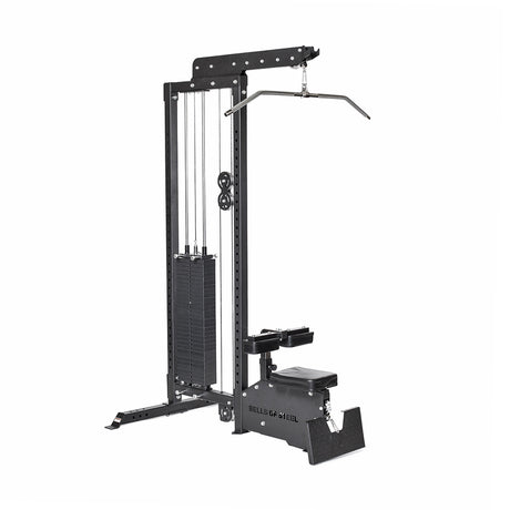 The Bells of Steel Lat Pulldown Low Row Machine is an ideal strength-training addition for a home gym. It includes seated row and lat pulldown stations, cable exercises with a weight stack, pulley system, and padded seat/thigh supports for comfortable workouts.
