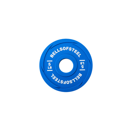 A blue 5-pound Bells of Steel Urethane-Coated Change Plate with "BELLSOFSTEEL" and "5 LB" in white, shown from above on a white background. Ideal for accurate weight adjustments during workouts.